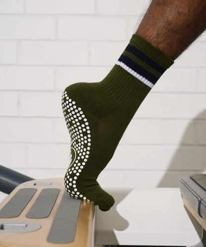 Men's Crew Non Slip Grip Socks - Khaki Stripe
